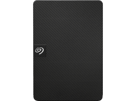 Disque dur externe noir avec une surface texturée et le logo Seagate en blanc.
