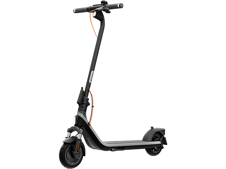 Trottinette électrique noire et grise avec câble et lumières orange.