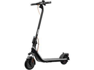 Trottinette électrique noire et grise avec câble et lumières orange.