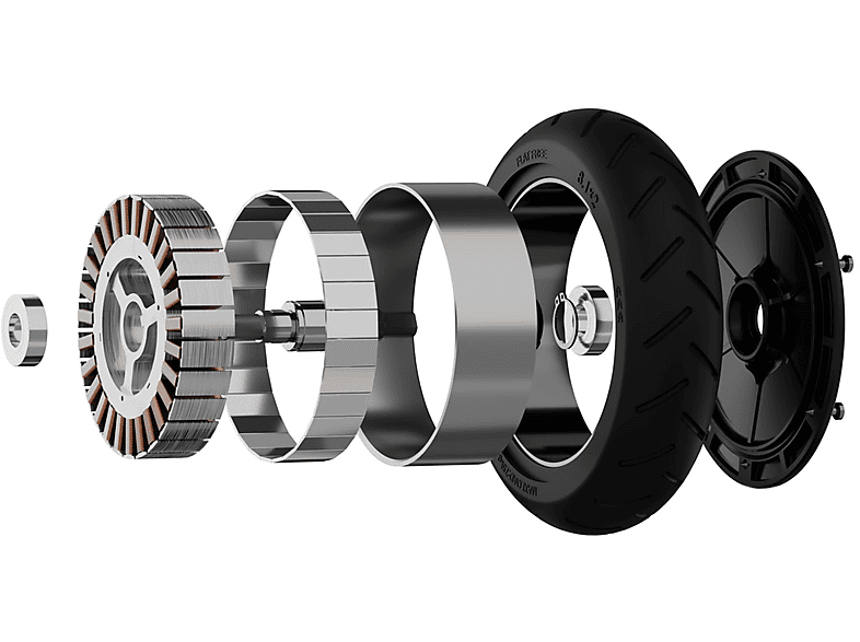 Pièces démontées du moteur électrique : rotor, stator, roulements, pneu, roue.