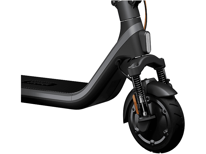 Roue avant d'une trottinette électrique noire avec suspension.