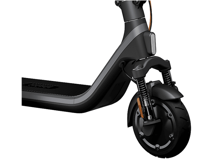 Roue avant d'une trottinette électrique noire avec suspension.