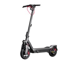 Une trottinette électrique Segway noire avec des accents rouges, sur fond noir.