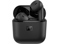 Écouteurs sans fil noirs dans leur étui de chargement, ouverts, sur fond noir.