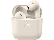 Écouteurs couleur crème dans l'étui de chargement. Fond blanc.