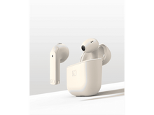 Charger l&#39;image dans la galerie, Écouteurs et étui de chargement beiges. Un écouteur est sorti, l&#39;autre dans l&#39;étui ouvert.
