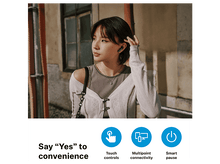 Charger l&#39;image dans la galerie, Femme portant des écouteurs, regardant ailleurs. Texte: Dites « Oui » à la commodité. Commandes tactiles.
