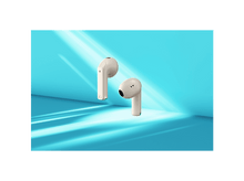 Charger l&#39;image dans la galerie, Deux écouteurs beiges, en angle. Fond bleu avec reflets de lumière. Accents verts.
