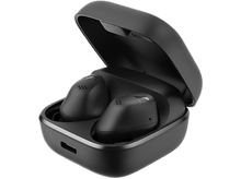 Charger l&#39;image dans la galerie, Écouteurs noirs dans un étui de chargement noir, ouvert, sur fond noir.
