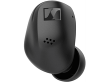 Charger l&#39;image dans la galerie, Écouteur sans fil noir. Comprend un logo et de petits trous sur le côté. L&#39;embout auriculaire est visible.
