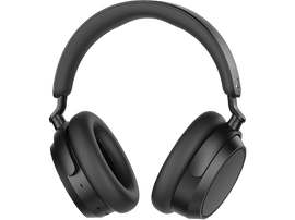 Casque noir sur fond noir. Écouteurs et arceau visibles.