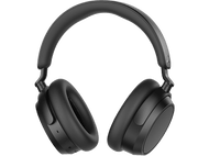 Casque noir sur fond noir. Écouteurs et arceau visibles.