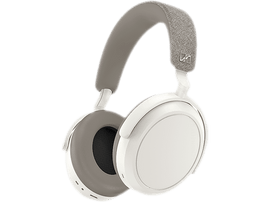 Casque blanc avec coussinets et bandeau gris.