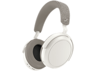 Casque blanc avec coussinets et bandeau gris.