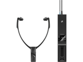 Écouteurs intra-auriculaires Sennheiser et une station de charge. Les écouteurs sont à gauche.