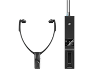 Écouteurs intra-auriculaires Sennheiser et une station de charge. Les écouteurs sont à gauche.