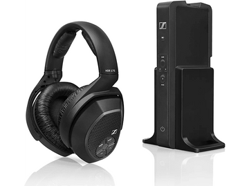 Casque noir et socle de chargement noir. La base possède des commandes de basses et d'alimentation.