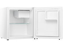 Charger l&#39;image dans la galerie, Mini-réfrigérateur blanc, ouvert pour révéler l&#39;intérieur avec des étagères et un compartiment congélateur.
