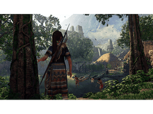 Charger l&#39;image dans la galerie, Une femme avec un arc et des flèches dans un cadre de jungle, face à des villageois.
