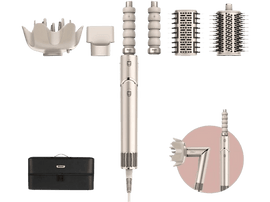 Styliseur capillaire avec plusieurs accessoires et un étui de transport noir. Divers outils de coiffure.