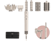Styliseur capillaire avec plusieurs accessoires et un étui de transport noir. Divers outils de coiffure.