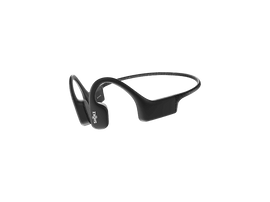 Casque à conduction osseuse Shokz noir sur fond noir. Le casque a une conception en boucle d