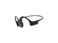 Casque à conduction osseuse Shokz noir sur fond noir. Le casque a une conception en boucle d'oreille et le nom de la marque est visible.
