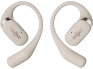 Paire d'écouteurs Shokz à conduction osseuse, couleur blanc cassé. Avec crochets et marquage.
