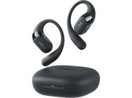 Écouteurs Shokz noirs et étui de chargement sur fond noir.