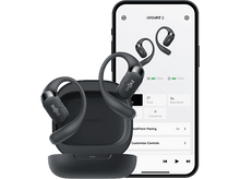 Charger l&#39;image dans la galerie, Écouteurs et étui Shokz avec un téléphone affichant l&#39;interface de l&#39;application.
