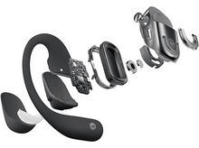 Charger l&#39;image dans la galerie, Vue éclatée d&#39;un écouteur sans fil noir avec ses composants. Fond blanc.
