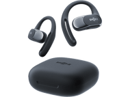 Casque à conduction osseuse Shokz et étui de chargement. Les écouteurs sont noirs et gris.