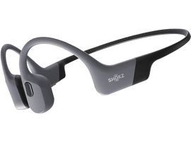 Casque à conduction osseuse Shokz gris, un design léger à oreilles ouvertes.