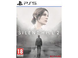Une jaquette de jeu PS5 pour Silent Hill 2, avec une femme et un homme dans une rue brumeuse.