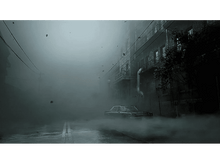 Charger l&#39;image dans la galerie, Scène de rue avec voiture dans le brouillard, bâtiment sombre en arrière-plan, atmosphère mystérieuse.
