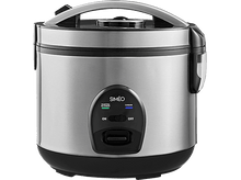 Charger l&#39;image dans la galerie, Un cuiseur à riz argenté avec une poignée et des commandes noires. La marque est SIMÉO.
