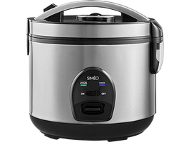 Un cuiseur à riz argenté avec une poignée et des commandes noires. La marque est SIMÉO.