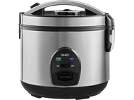 Un cuiseur à riz argenté avec une poignée et des commandes noires. La marque est SIMÉO.