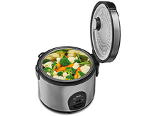 Charger l&#39;image dans la galerie, Cuiseur de riz avec légumes à l&#39;intérieur, couvercle ouvert, extérieur en acier inoxydable et accents noirs.
