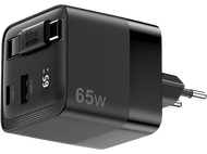 Chargeur USB-C noir de 65W. Il possède deux ports USB-C et une prise américaine.
