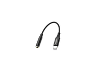 Câble adaptateur audio USB-C vers 3,5 mm noir. Connecteur doré à une extrémité.