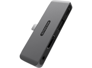 Un adaptateur multiport USB-C SITECOM gris avec ports HDMI, USB et audio sur fond noir.