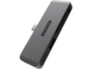 Un hub USB-C Sitecom gris. Il est sur fond noir. Possède plusieurs ports.