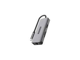 Un adaptateur multiport Sitecom gris avec un câble USB-C attaché.