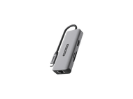 Un adaptateur multiport Sitecom gris avec un câble USB-C attaché.