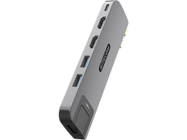 Hub USB Sitecom gris avec plusieurs ports. Montre un port USB-C et un bouton d