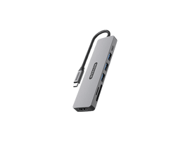 Un hub USB-C gris Sitecom avec plusieurs ports et un câble noir. Il est sur fond noir.