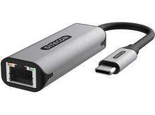 Charger l&#39;image dans la galerie, Un adaptateur Ethernet SITECOM argenté avec un câble noir et un connecteur USB-C sur fond blanc.

