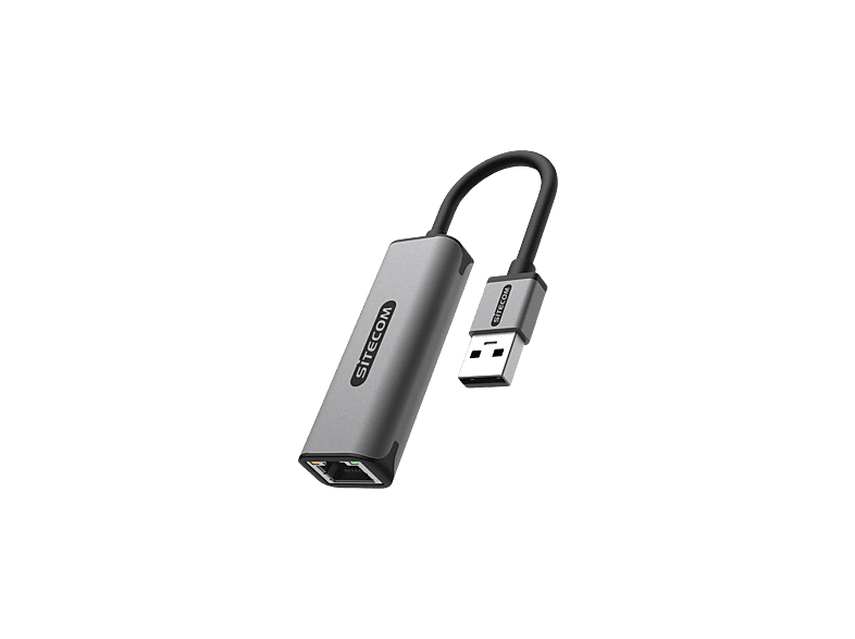 Un adaptateur USB vers Ethernet Sitecom gris est présenté sur fond noir.