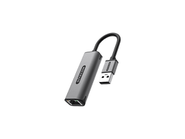 Un adaptateur USB vers Ethernet Sitecom gris est présenté sur fond noir.